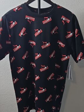 Puma Black Short Sleeve Tee with Red Logo Allover